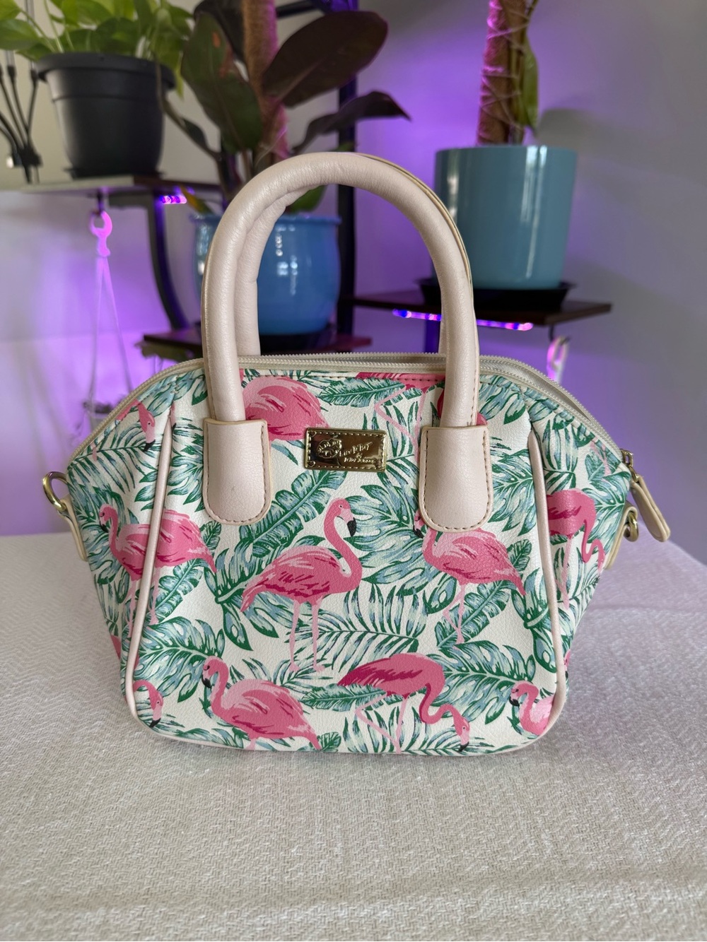 🦩💖 Betsey Johnson 🦩💖 Pale Pink Flamingo & Tropical Mini Statement Satchel
